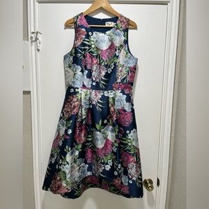 $248 ELIZA J Floral Metallic Jacquard Cocktail Dress 12 Blue Fit & Flare Hi-Low